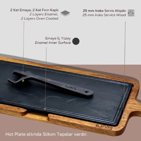 Servierplatte aus Gusseisen mit Holzunterlage 17 x 37 cm - Marke LAVA