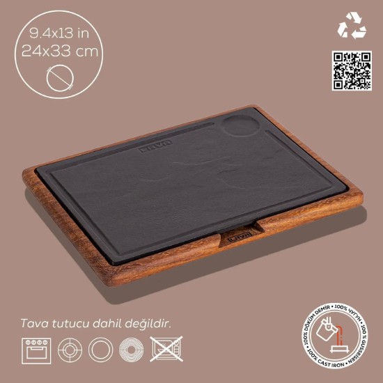 Tanjir za posluživanje, livenog gvožđa, sa drvenom podlogom, 24 k 33 cm - LAVA