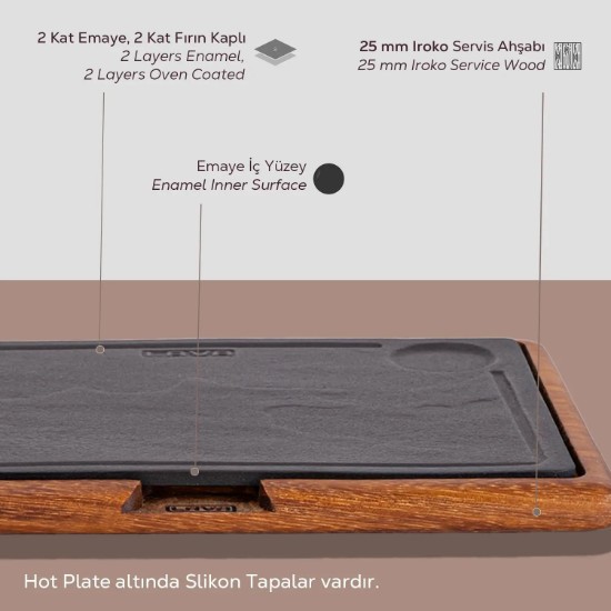 Tanjir za posluživanje, livenog gvožđa, sa drvenom podlogom, 24 k 33 cm - LAVA