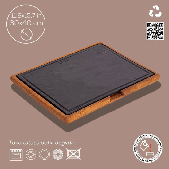Cast iron platter with wooden stand, 40 x 30 cm - LAVA