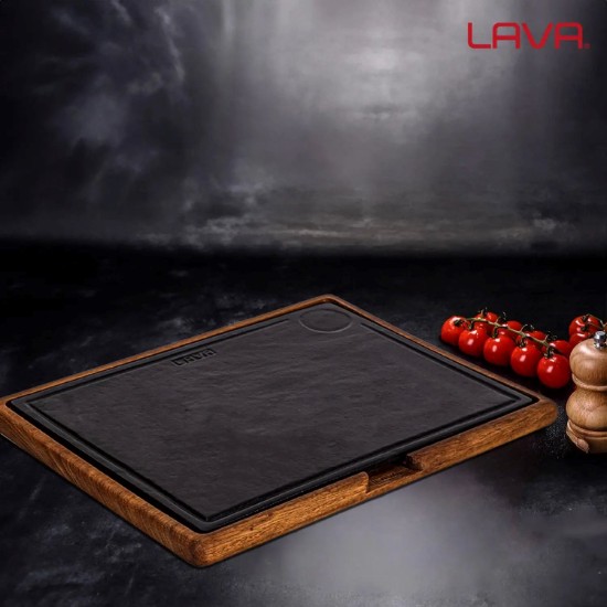 Cast iron platter with wooden stand, 40 x 30 cm - LAVA