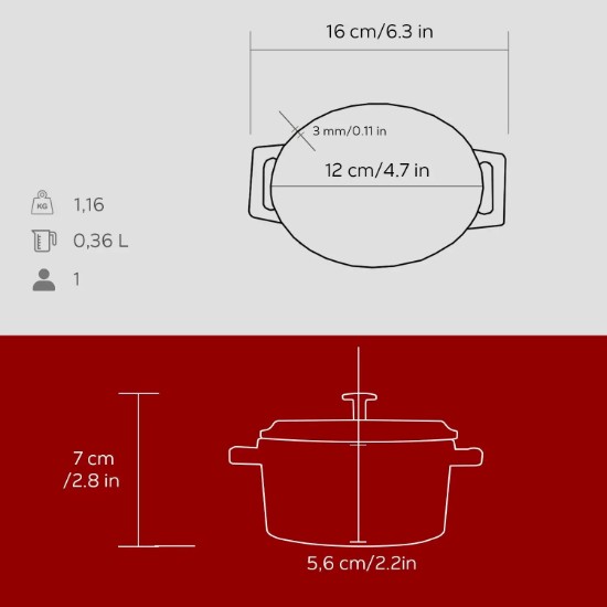 Mini-kazzola ovali, ħadid fondut, 12cm/0.36L, "Trendy", Aħmar - marka LAVA
