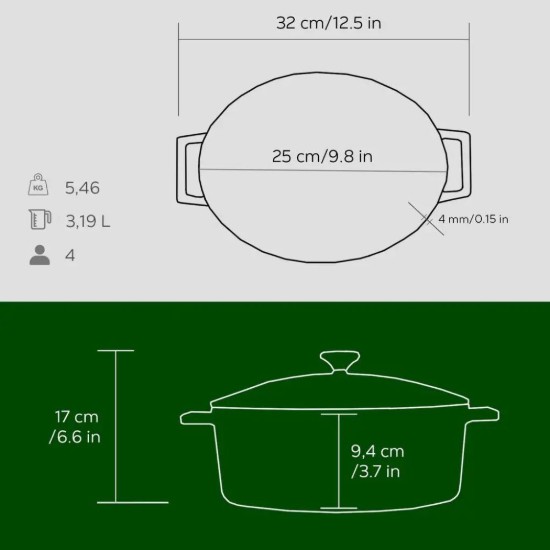 Ovaler Topf, Gusseisen, 25 cm, "Folk", grün - Marke LAVA