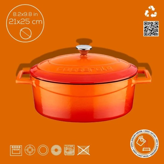 Oval saucepan, cast iron, 25 cm, "Folk" range, orange color - LAVA brand