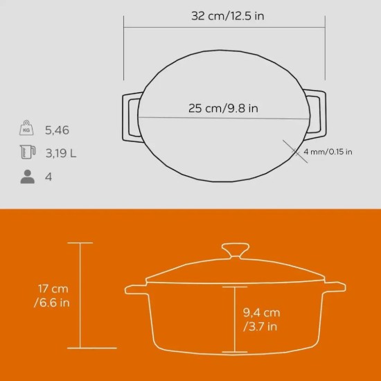Oval saucepan, cast iron, 25 cm, "Folk" range, orange color - LAVA brand
