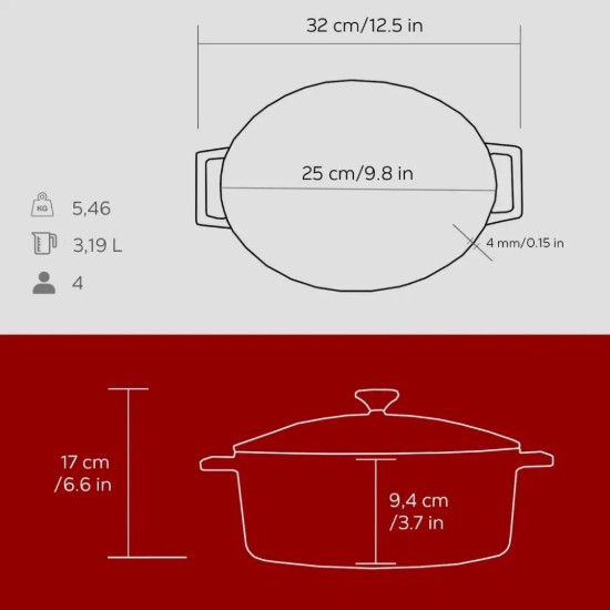Oval saucepan, cast iron, 25 cm, "Folk" range, red - LAVA brand