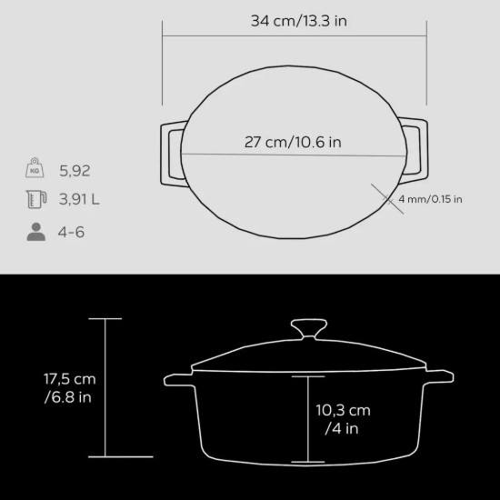 Oval saucepan, cast iron, 27 cm, "Folk" range, black - LAVA brand