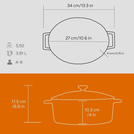 Ovaler gusseiserner Topf, 27cm/3,9L, "Folk", Orange - LAVA