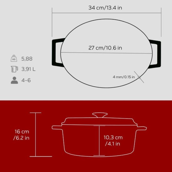 Ovaler Kochtopf, Gusseisen, "Trendy", 27 cm, rot - LAVA