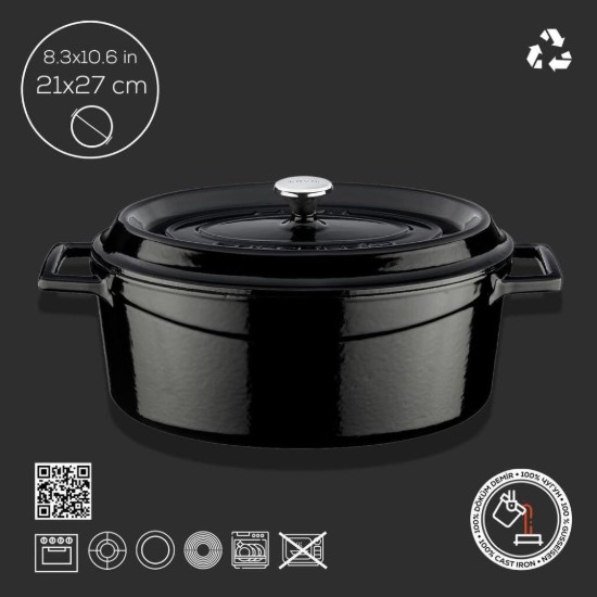 Ovale Stielkasserolle, Gusseisen, 27cm/3,91L, "Trendy", Schwarz - LAVA