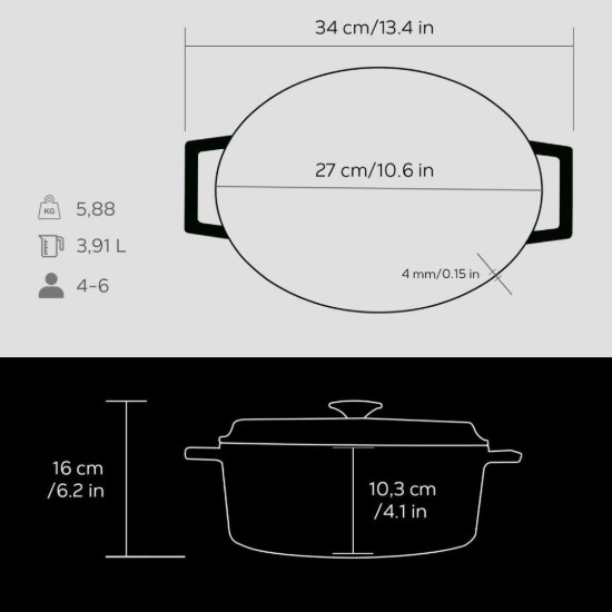 Ovale Stielkasserolle, Gusseisen, 27cm/3,91L, "Trendy", Schwarz - LAVA