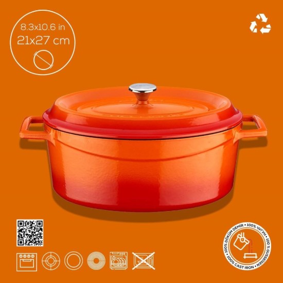 Oval saucepan, cast iron, 27cm/3.91L "Trendy", orange - LAVA