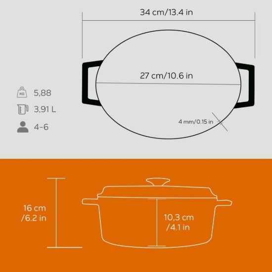 Oval saucepan, cast iron, 27cm/3.91L "Trendy", orange - LAVA