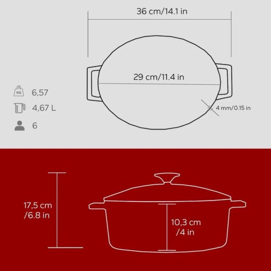 Kazzola ovali, ħadid fondut, 29 ċm / 4.67 L, firxa "Folk", ħamra - LAVA