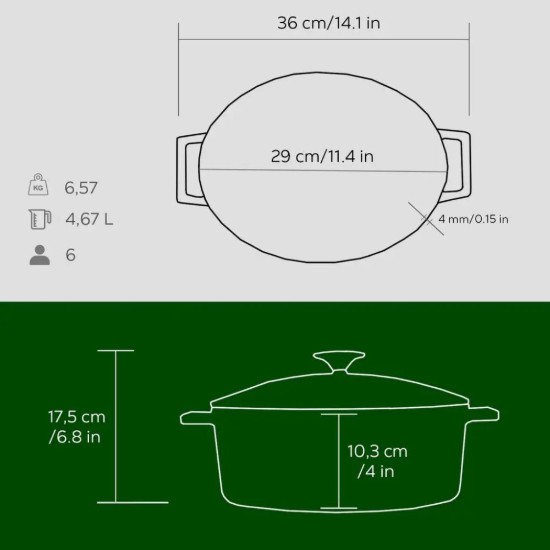 Овальная кастрюля, чугунная, 29 см/4,67 л, "Folk", зелёная - LAVA