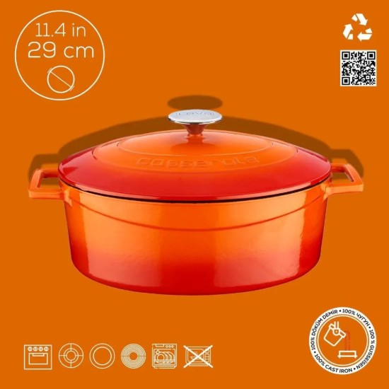 Овальная кастрюля, чугунная, 29 см/4,67 л, "Folk", цвет оранжевый - LAVA