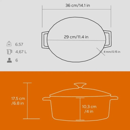 Овальная кастрюля, чугунная, 29 см/4,67 л, "Folk", цвет оранжевый - LAVA