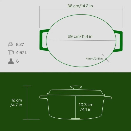 Oval saucepan, cast iron, 29 cm, "Premium", green - LAVA