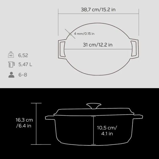 Sáis ubhchruthach, iarann ​​teilgthe, 31cm/5.47L, "Trendy", Dubh - LAVA