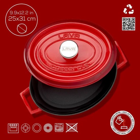 Oval saucepan, cast iron, 31 cm/5.47 L, "Trendy", Red - LAVA