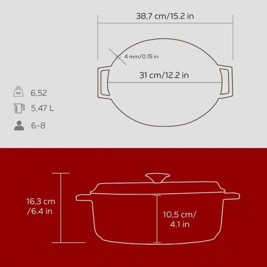 Oval saucepan, cast iron, 31 cm/5.47 L, "Trendy", Red - LAVA
