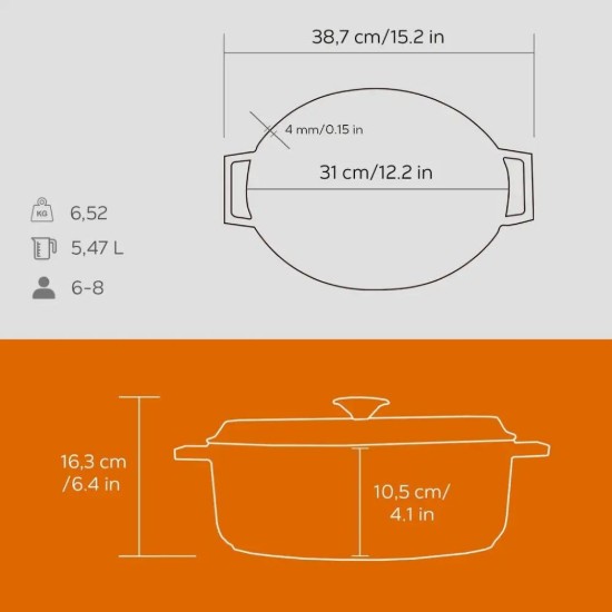 Oválný hrnec, litinový, 31 cm/5,47 l, "Trendy", oranžový - LAVA