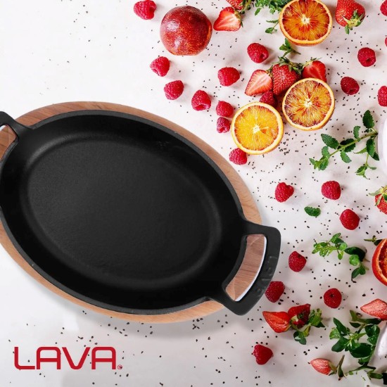 Ovale Gusseiserne Schale, 19 x 14 cm, mit Holzständer - Marke LAVA