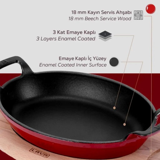 Dixx ovali tal-ħadid fondut, 27 x 20 cm, bi stand tal-injam, aħmar - marka LAVA