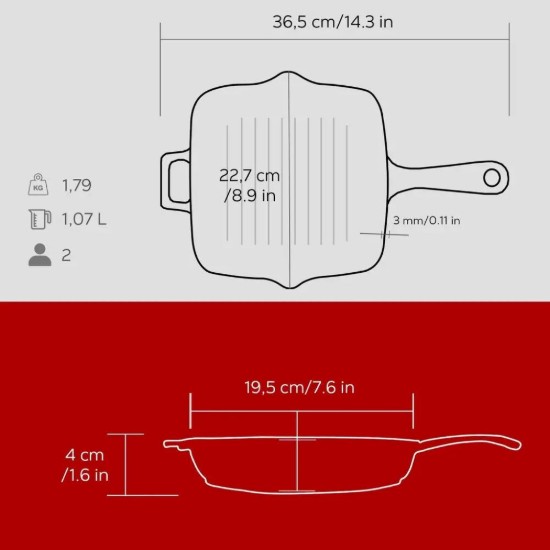 Grelha de ferro fundido, 19,5 x 19,5 cm, vermelha - LAVA