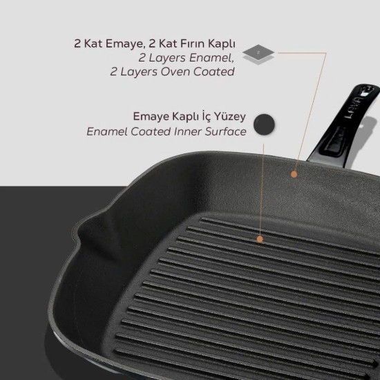 Quadratische Grillpfanne, Gusseisen, 28 × 28 cm, schwarz – Marke LAVA