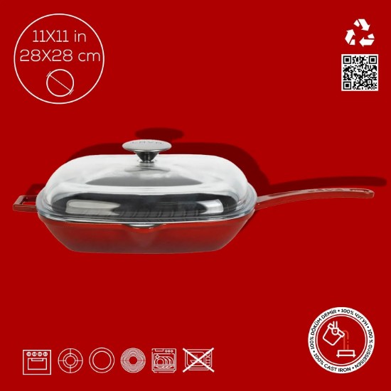 Poêle à griller avec couvercle, fonte, 28 x 28 cm, gamme "Glaze", rouge - Marque LAVA