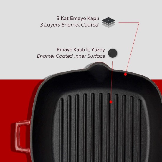 Poêle à griller avec couvercle, fonte, 28 x 28 cm, gamme "Glaze", rouge - Marque LAVA