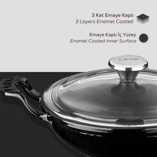 Στρογγυλό γουόκ με γυάλινο καπάκι, 16 cm, μαντεμένιο, μαύρο - μάρκας Lava