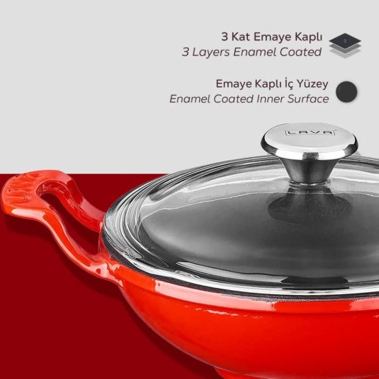 Στρογγυλό γουόκ με γυάλινο καπάκι, 16 cm, χυτοσίδηρο, κόκκινο - μάρκας LAVA