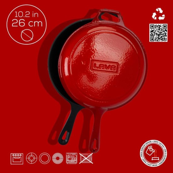 Combo set consisting in frying pan and lid, 26cm, cast iron, Red - LAVA brand