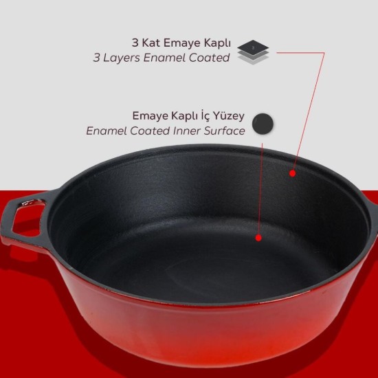 Combo set consisting in frying pan and lid, 26cm, cast iron, Red - LAVA brand
