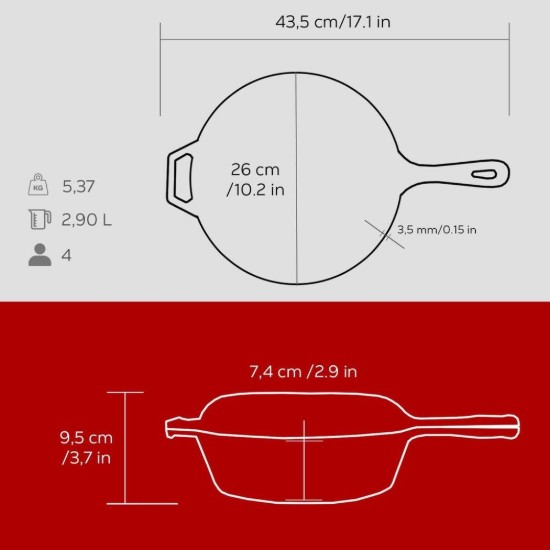 Combo set consisting in frying pan and lid, 26cm, cast iron, Red - LAVA brand