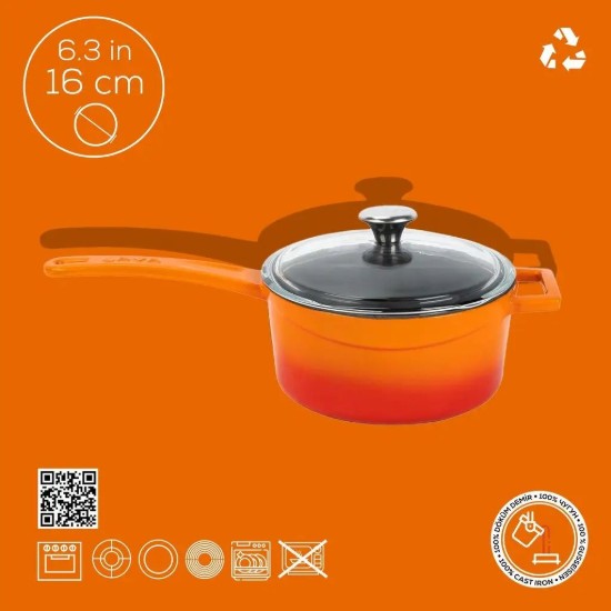 Cast iron saucepan with handle, 16 cm, orange color, "Glaze" range - LAVA brand