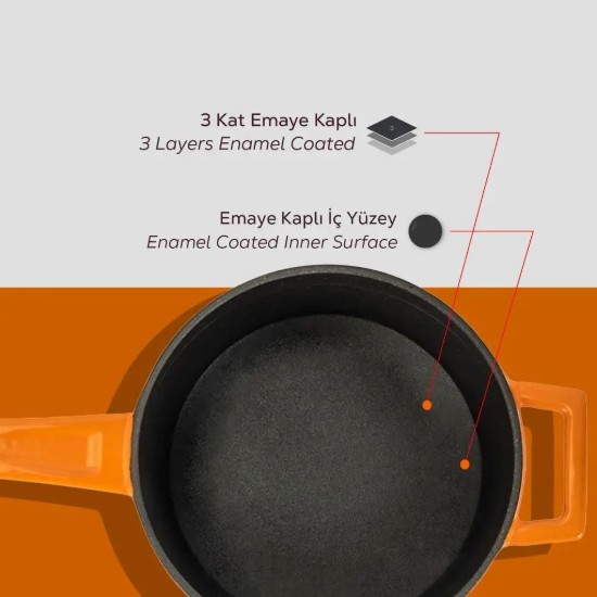 Cast iron saucepan with handle, 16 cm, orange color, "Glaze" range - LAVA brand