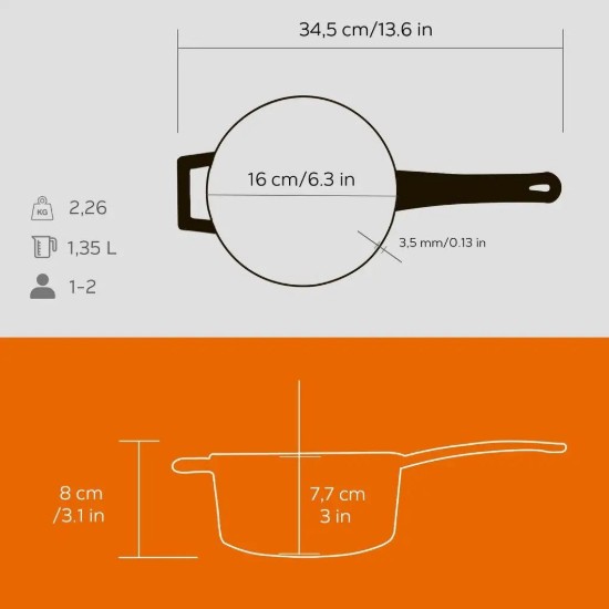 Cast iron saucepan with handle, 16 cm, orange color, "Glaze" range - LAVA brand