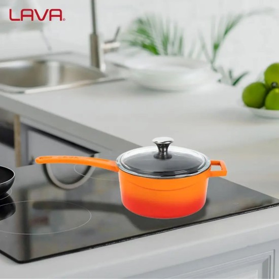 Cast iron saucepan with handle, 16 cm, orange color, "Glaze" range - LAVA brand