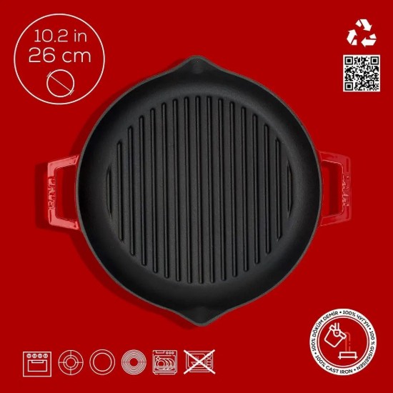 Grill serpenyő, 26 cm, öntöttvas, piros - LAVA márka