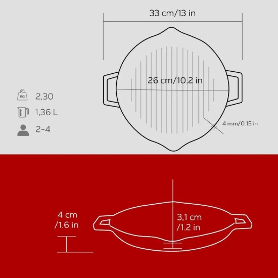 Grill serpenyő, 26 cm, öntöttvas, piros - LAVA márka