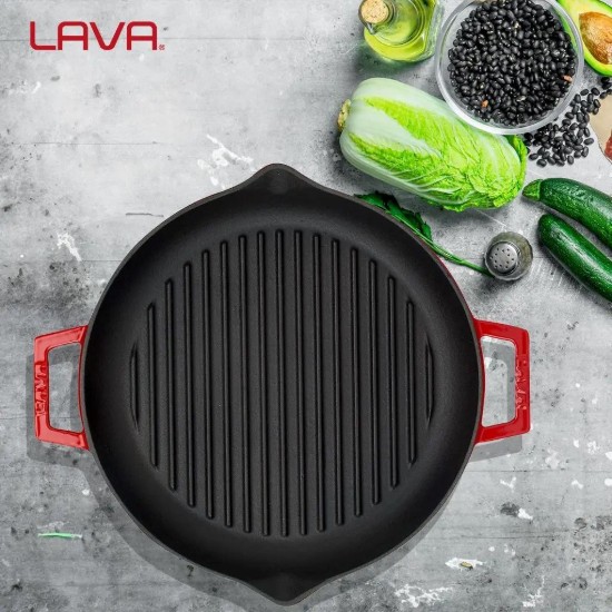 Grill serpenyő, 26 cm, öntöttvas, piros - LAVA márka