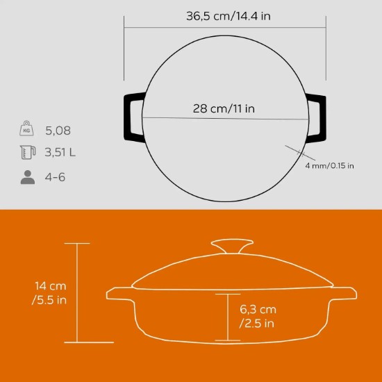 Gryte, "Glaze" -serien, støpejern, 28 cm, oransje farge - LAVA-merke