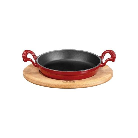 Round cast iron dish, 20 cm, with wooden stand, red - LAVA