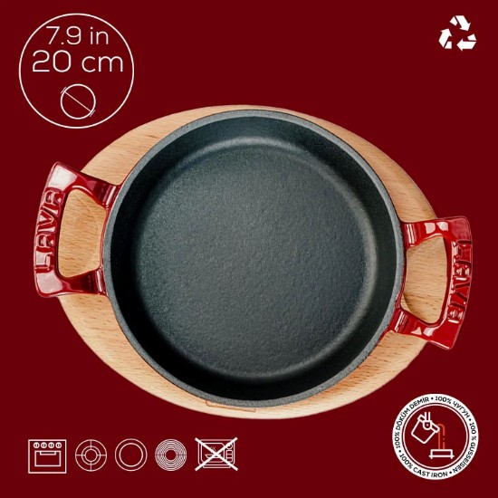 Round cast iron dish, 20 cm, with wooden stand, red - LAVA