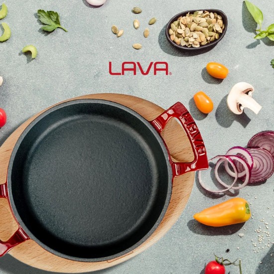 Round cast iron dish, 20 cm, with wooden stand, red - LAVA