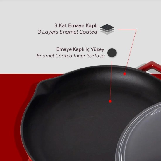 Gusseiserne Bratpfanne mit Deckel, 26 cm, Serie "Glaze", rot - Marke LAVA