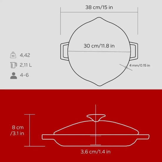 Bratpfanne mit Deckel, 30 cm, Serie "Glaze", rot - Marke LAVA